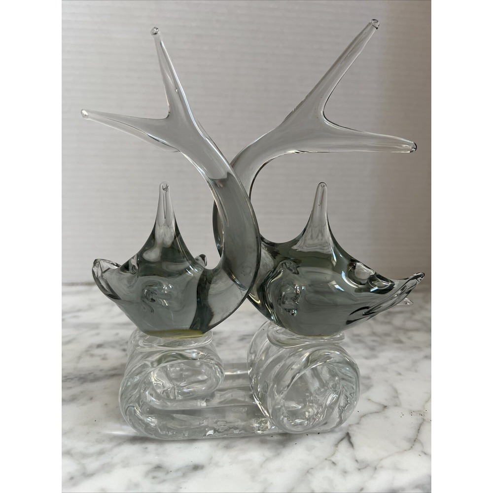 Murano Style Hand Blown Glass Double Fish Sculpture Smoky Grey Clear Art Glass